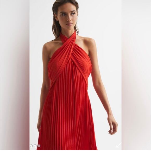 REISS-ROYA HALTER NECK PLEAT MIDI DRESS (new) - Picture 3 of 8